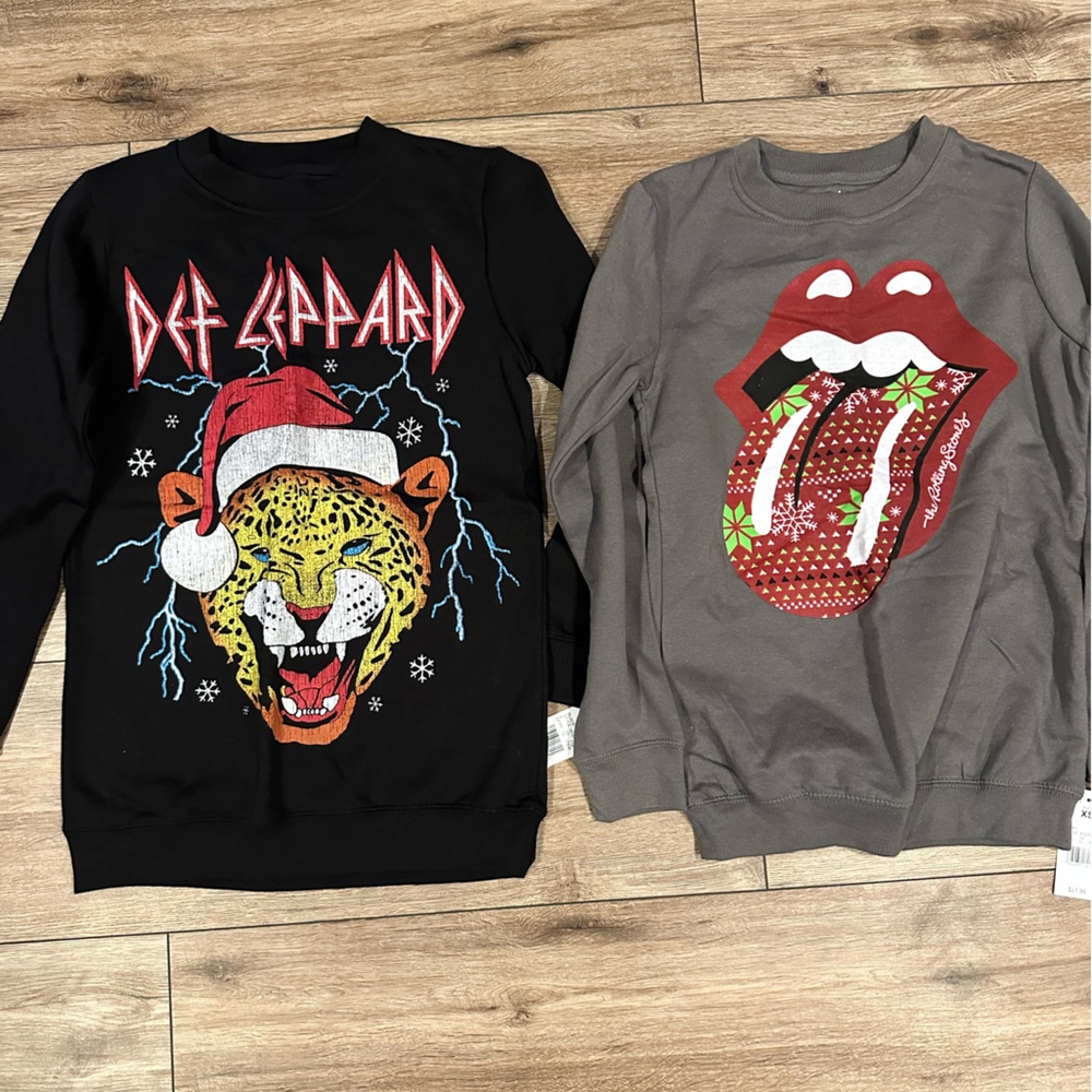 The Rolling Stones and Def Leppard sweatshirts